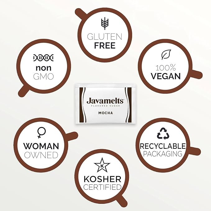 Javamelts Mocha Flavored Sugar Packets | Pure Cane Sugar for Baking, Coffee Syrup Substitute, Cocktails, Tea | Non GMO, Non Dairy, Gluten Free, Kosher | 1,000 Bulk Sugar Packets