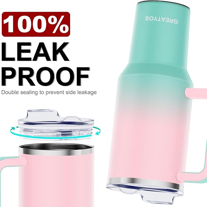 Stainless Steel 40 oz Tumbler with Handle, Insulated Travel Mug, Leak-Proof Lid, Vacuum Cup for Men & Women - Bubble Gum