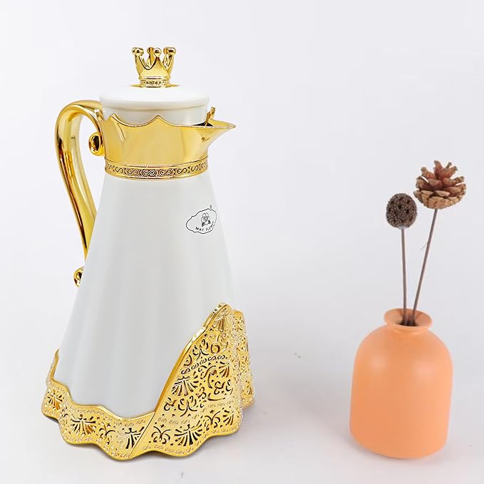Luxury Arabic Style Insulated Thermal Coffee Carafe,34 oz,Coffee Pot,Arabian Style Vacuum Thermal Carafe Insulated Flask for Tea and Hot Cold Drink,Moving and housewarming blessings (White)
