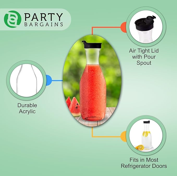 Party Bargains 50 oz. Plastic Carafe with Lids - Clear, 1 Count, Black Flip Tab Lid Premium Quality & Heavy Duty Plastic Pitcher for Iced Tea, Powdered Juice, Cold Brew, Mimosa Bar