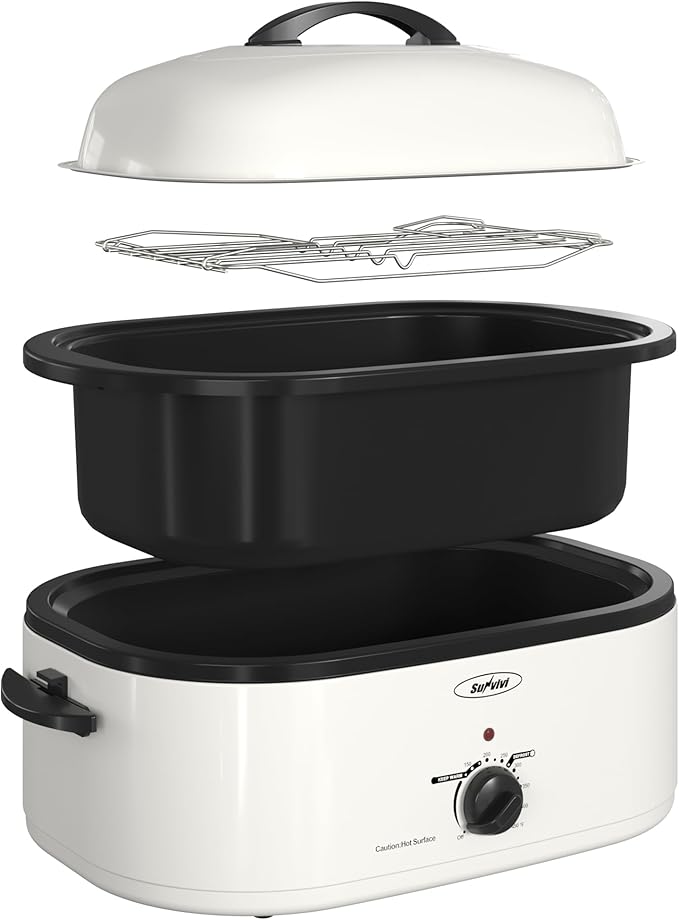 Sunvivi 18-Quart Roaster Oven with Self-Basting Lid, Electric Turkey Roaster Oven with Removable Pan and Rack, Stainless Steel, White