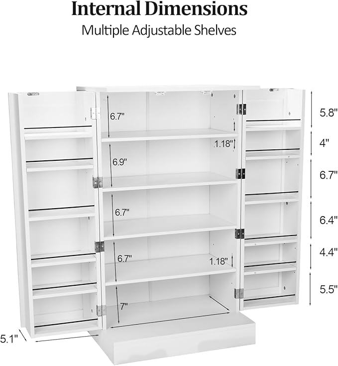 VINGLI Pantry Cabinet, 40.5" H Food Storage Freestanding Cupboard for Small Space in Dining Room, Living Room, White Kitchen Storage Cabinet with 2 Doors and Adjustable Shelves