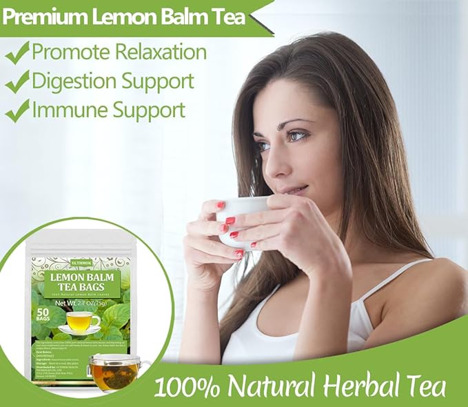 Premium Lemon Balm Leaf Tea, 50 Bags. Made with 100% Natural Lemon Balm Leaves, No Additive & Caffeine Free, Promotes Relaxation & Support Digestion.