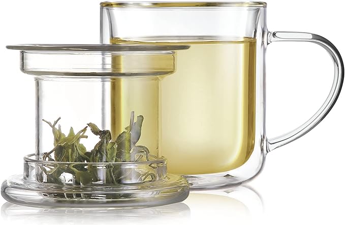 Teabloom Heatproof and Insulated Borosilicate Glass Tea Cup with Infuser for Whole-Leaf Loose Tea – Tea Purist's Choice – Wellbeing Double-Walled Infusion Mug with Lid (8 oz)