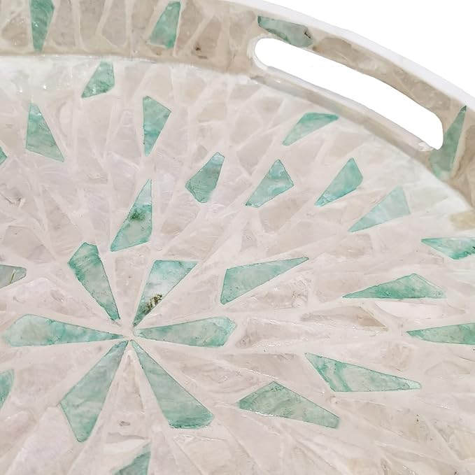 i-LAN 14-Inch Round Mother of Pearl Tray Boho Style Decorative Serving Tray,Beige Green Wooden Ottoman Lacquer Tray, with Handle and 2 Inch Side, Trays for Bread Fruits Coffee