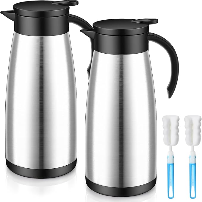 Uiifan 2 Pcs 51 Oz Thermal Coffee Carafe Stainless Steel Insulated Vacuum Coffee Carafes Double Walled Vacuum Thermal Pot Flask with Brushes for Keeping Cold Hot Tea Water Milk Home Office (Silver)