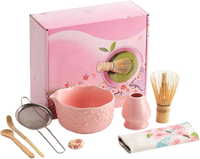 Matcha Whisk Set, 8 Pcs Matcha Set Includes Matcha Bowl, Matcha Whisk And Holder, Sifter, Bamboo Blender, Scoop, Scoop Rest And Tea Towel, Christmas Gifts For Tea Ceremony Lovers (pink)