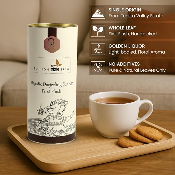 Blossom & Brew Majestic Darjeeling Sunrise First Flush Black Tea (3.52oz) – Whole Leaf from Teesta Valley – Rich Flavored & Aromatic Breakfast Brew – Caffeinated Indian Tea for Hot or Iced Beverages