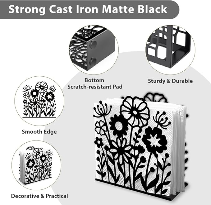 Wildflowers Decorative Black Metal Napkin Holder for Table, 4.9" x 5.3" x 1.9" Flowers Standing Napkin Holder for Home Kitchen Restaurant Picnic Party Coffee Bar Dining Room