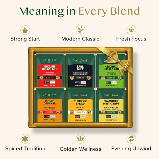 VAHDAM, Founder's Select Assorted Tea Gift Set (6 Variety, 36 Tea Bags) - Premium Gift Box | Individually Wrapped Pyramid Teabags | Christmas Tea Gifts for Women and Men
