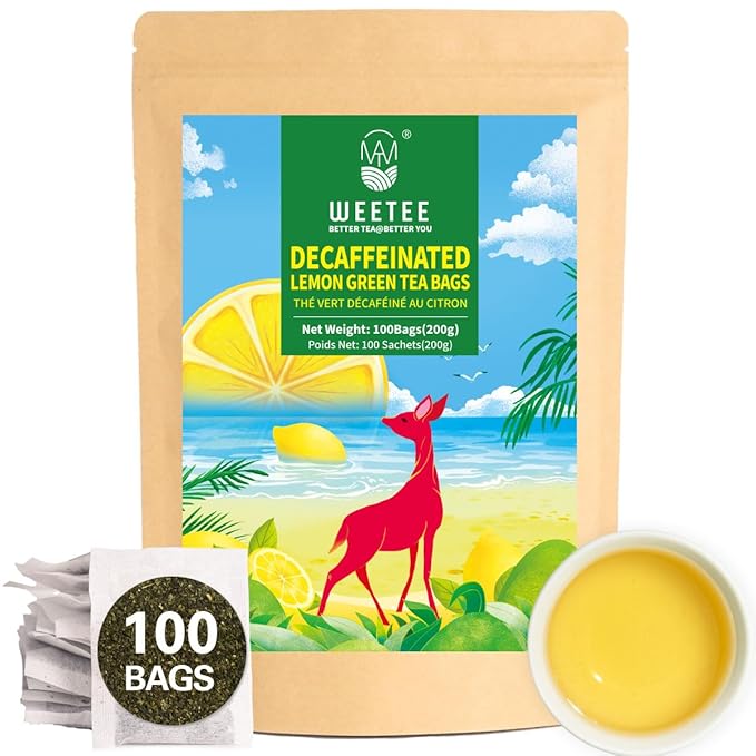 WT WEETEE Decaf Green Tea with Lemon Flavor, Decaffeinated Lemon Green Tea Bags 100 Count, Refreshing & Soothing, Super Antioxidant, Drink Whole Day
