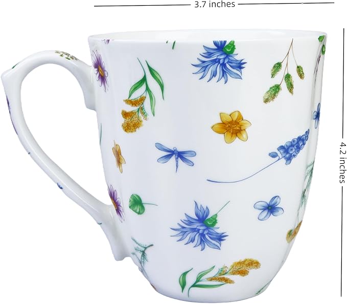 14oz Bone China Coffee Mug Floral Bone Mug Cute Coffee Mug Teacup for Women Mom Friend (flower with grass)