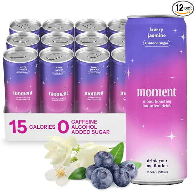 Moment Botanical Soda Soft Drink (Shark Tank) - SPARKLING Non Alcoholic Drinks | Berry Jasmine | L-Theanine & Ashwagandha for Calm & Clarity | 0 Added Sugar 0 Caffeine | 12-pack