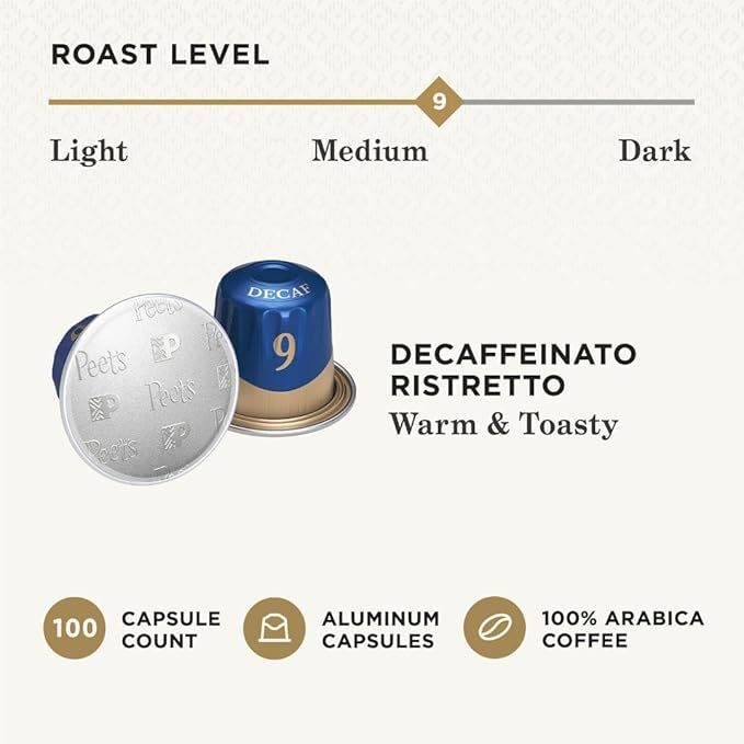 Peet's Coffee, Medium Roast Decaf Espresso Capsules, Compatible with Nespresso Original Machine - Decaf Ristretto Intensity 10, 100 Count (10 Boxes of 10 Espresso Capsules)