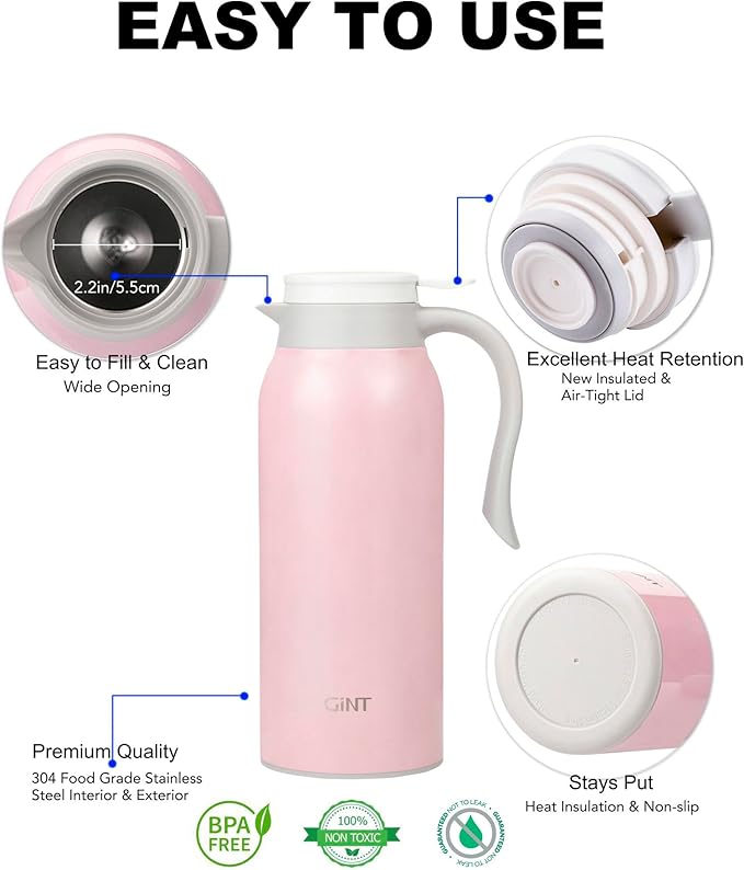 GiNT 51 Oz Stainless Steel Thermal Coffee Carafe, Double Walled Vacuum Insulated Flask, 12 Hour Heat Retention, 1.5 Liter Tea, Water, and Coffee Dispenser (Upgraded version Pink)