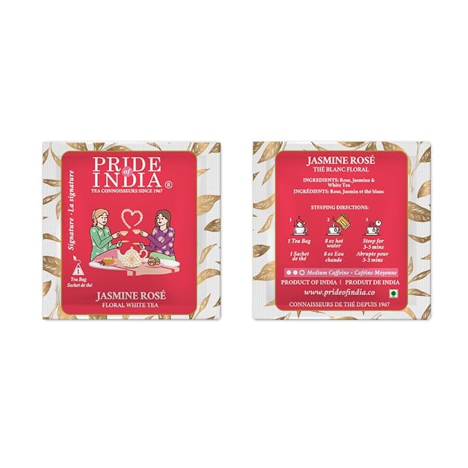 Pride of India | PACK of 2 - Jasmine Rose Royal White Tea | 15 Pyramid Full Leaf Individually Wrapped Tea Bags | Smooth & Sweet Flavor | Soothing & Calming Experience | Less Caffeine