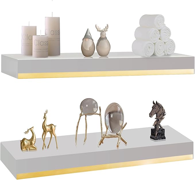Thicked 1.78 inch Pine Wood White and Gold Shelves With Thicked 1/5 Inch Heavy Duty Bracket,16 ×6.5 Inch Gold Floating Shelves With Stainless Steel Trim Strip,White Gold Shelves for Wall set of 2
