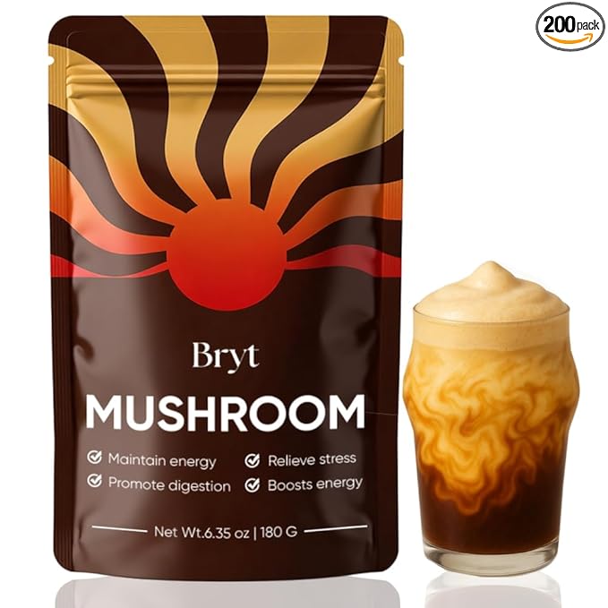 BRYT Mushroom Coffee – Mushroom Coffee Blend with 10 Mushrooms + Collagen – Organic Instant Coffee Mix for Balanced Energy, Focus & Wellness – Low Caffeine, Sugar-Free, Dairy-Free, 30 Servings