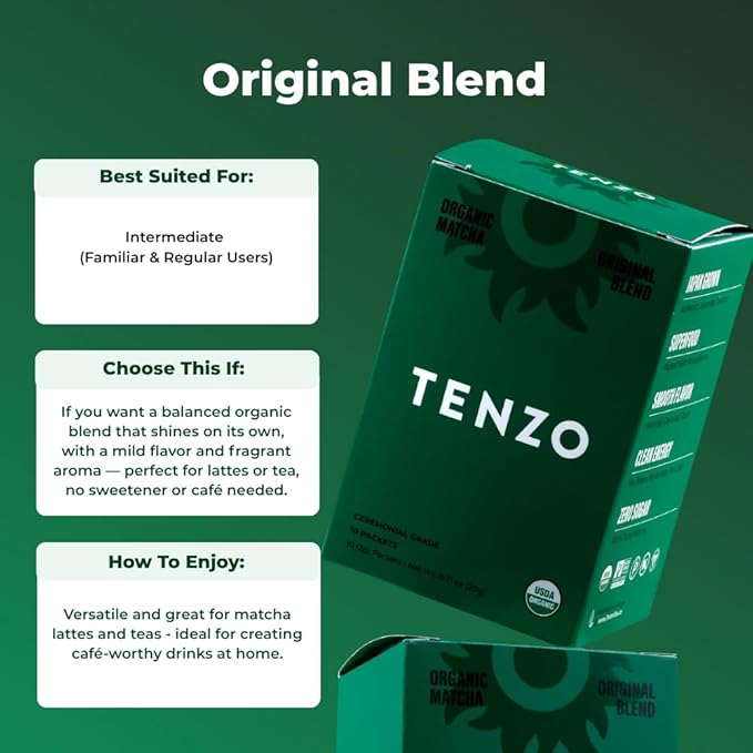 Tenzo Single Serve Matcha Green Tea Powder - Matcha Power Single Serve Sticks - Ceremonial Grade - Organic Matcha Green (10 Count)