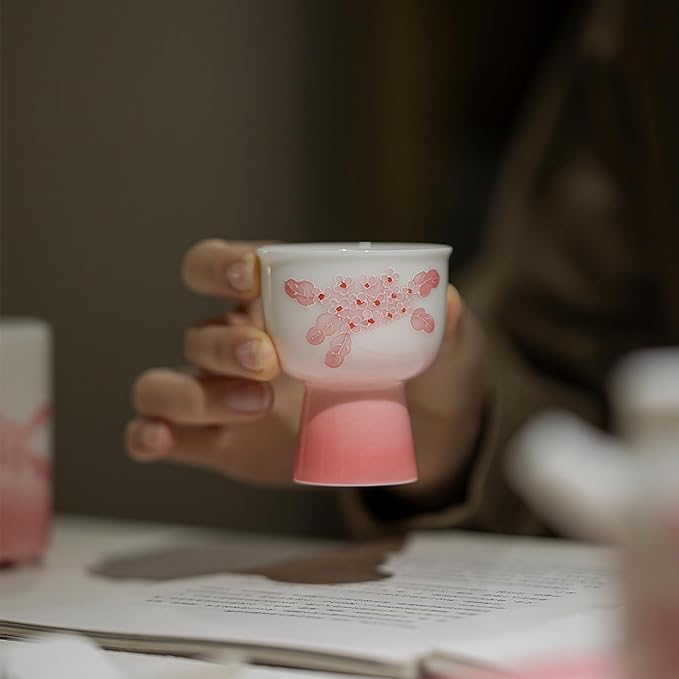 KAMMAK Tea Cup, 2oz Small Tea Cups, Porcelain Tea Cups Set with Short Stem, Cute Ceramic Teacups for Home, Party, Office, Chinese Kungfu Tea Set for Hot/Cold Drink (Pink Pile Flowe)