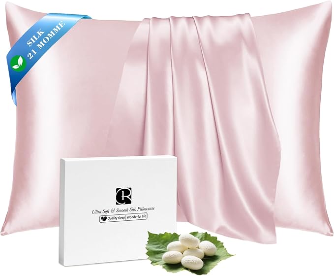 Ravmix Silk Pillow Cases with Zipper, 21momme Mulberry Silk Pillowcase for Hair Skin Health, Soft Smooth Breathable Cool Pillow Cover for Beauty Sleep with Gift Box 1PC(Queen 20"x30", Soft Pink)