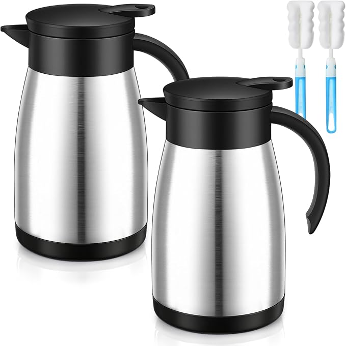 Uiifan 2 Pcs 25 Oz Thermal Coffee Carafe Stainless Steel Insulated Vacuum Coffee Carafes Double Walled Vacuum Thermal Pot Flask with Brushes for Keeping Cold Hot Tea Water Milk Home Office (Silver)