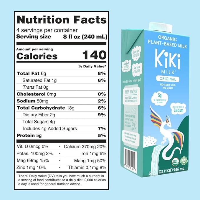 Kiki Milk Plant Based Milk - Organic Original Kiki Milk - Calcium & Magnesium Source - Gluten Free, Gum Free, GMO Free, Dairy Free, Soy Free, Glyphosate Free - Shelf Stable - (32 oz • Pack of 6)
