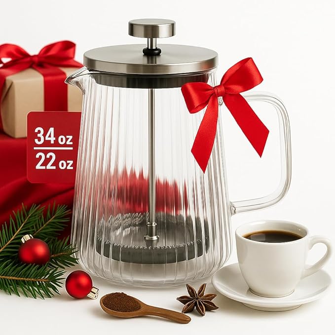French Press Coffee Maker – 650ml / 22oz – Ribbed Glass Design – Borosilicate Glass with Stainless Steel Filter –Serves Small 4–5 cups