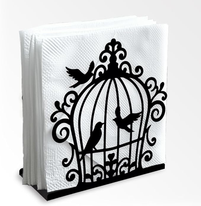 Birdcage and Bird Decorative Black Metal Napkin Holder for Table, 4.9" x 5.3" x 1.9" Birdcage and Bird Standing Napkin Holder for Home Kitchen Restaurant Picnic Party Coffee Bar Room