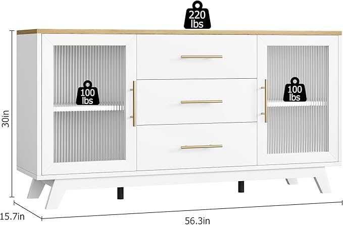 GarveeHome 56 Inch Buffet Cabinet Sideboard with Fluted Glass Doors and Gold Handles, Modern Sideboard Storage with Adjustable Shelves, Coffee Bar Cabinet for Kitchen Dining Room Living Room Entryway