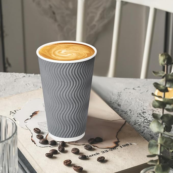 16 oz Coffee Cups with Lid, 100 Pack Disposable Coffee Cups Insulated Ripple Paper Cups for Water, Juice, Coffee (Gray 16 oz)