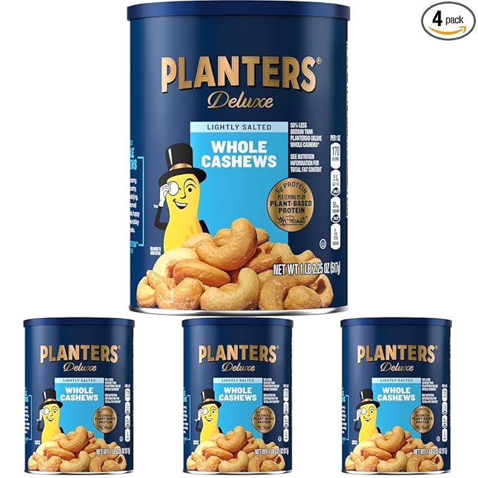 PLANTERS Deluxe Lightly Salted Cashews, Party Snacks, Plant-Based Protein, Quick Snack for Adults, After School Snack, Flavored with Sea Salt, Kosher, 1lb 2.25oz (Pack of 4)