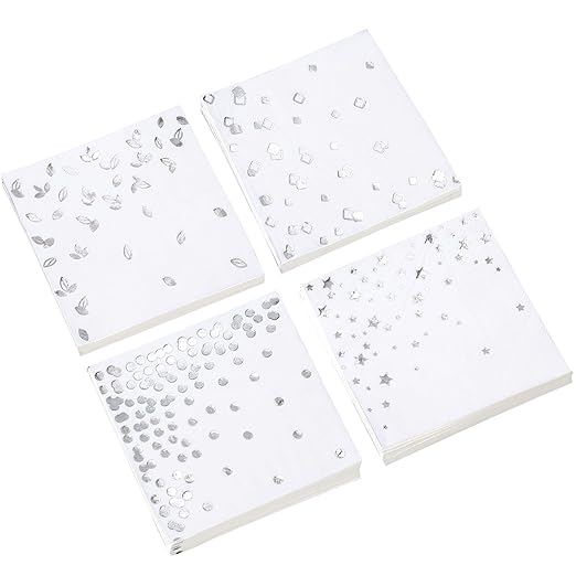 100 Silver Napkins - 4 Assorted Designs l 3-Ply Cocktail Napkins Paper Folded 5 x 5 Inches l Bar Napkins Disposable Party Napkin for Wedding Baby Shower Birthday (Assorted Pink)