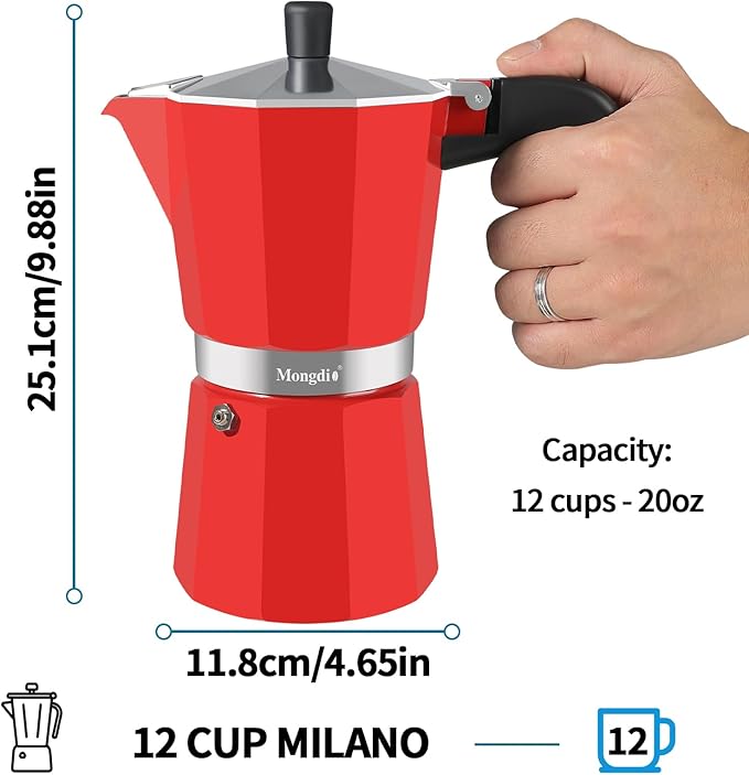 Mongdio Stovetop Espresso Maker Moka Pot, Stove Top Cuban Coffee Maker, Italian Greca Mocha Pot, 12 Espresso Cups, 20 oz - Red