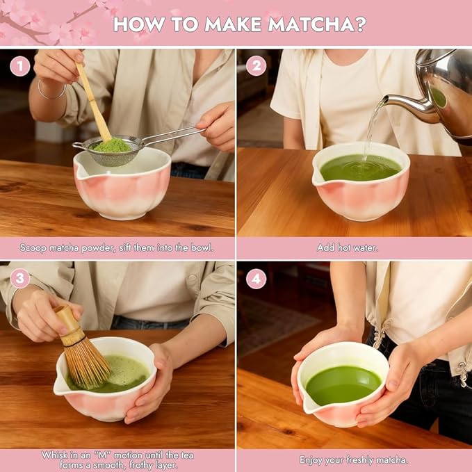 Matcha Whisk Set, 6 PCS Matcha Set-Ceramic Bowl, Matcha Whisk, Whisk Holder, Scoop, Spoon & Sifter, Complete Tea Ceremony Kit Set, Gift Box for Friends & Family, Christmas, Birthday (Pink)