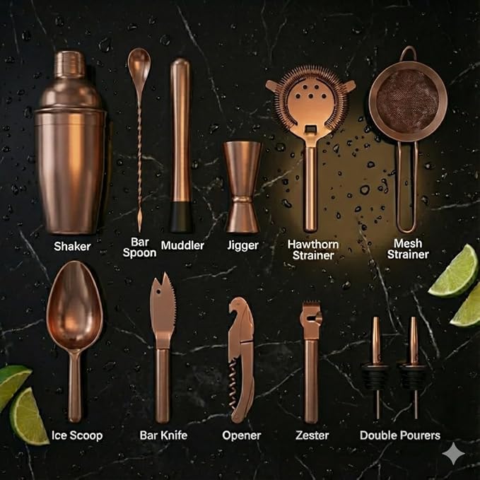 Highball & Chaser 13-Piece Cobbler Cocktail Shaker Set Matte Copper Stainless Steel Bartender Kit For Home Bar Cocktail Set Laser Engraved Cocktail Tools Plus E-Book with 30 Different Cocktail Recipes