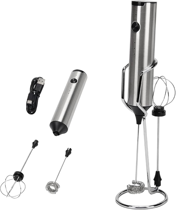 Madrigal Rechargeable Milk Frother with Stand, Dual 304 Stainless Steel Whisks, USB-C Mini Mixer for Drinks, Cappuccino & Hot Chocolate, 3-Speed Handheld Drink Mixer for Lattes