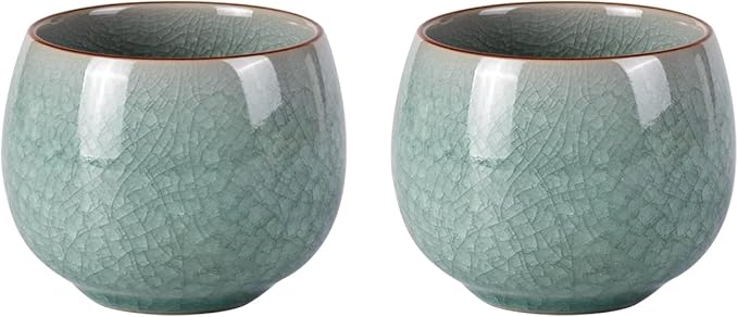Tea Cup Set of 2 Porcelain Small Tea Cups 5oz Japanese Tea Cup Set, Asian Handmade Ceramic Teacups for Home, Party, Office, Chinese Kung Fu Tea Set for Hot/Cold Drink（Egg-Ice Crackle Glaze Pattern）