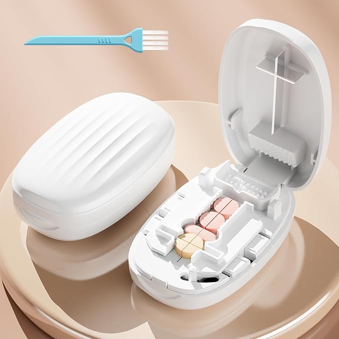 Pill Cutter Splitter for Small and Tiny Pills, 1/2 1/4 Pill Splitter for Small Pills,Vitamins, Tablets in Half or Quarters, Accurate and Easy Cutting, Stainless Steel Blade, Back Storage (White)