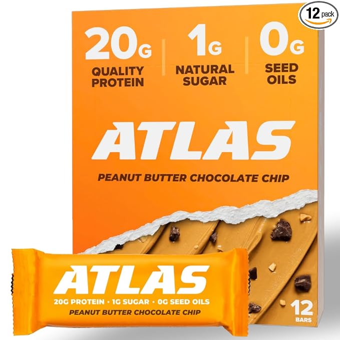 Atlas Bar – 20g Protein, 1g Sugar, 0g Seed Oils, 0g Artificial Sweeteners (12 Count, Peanut Butter Chocolate Chip)