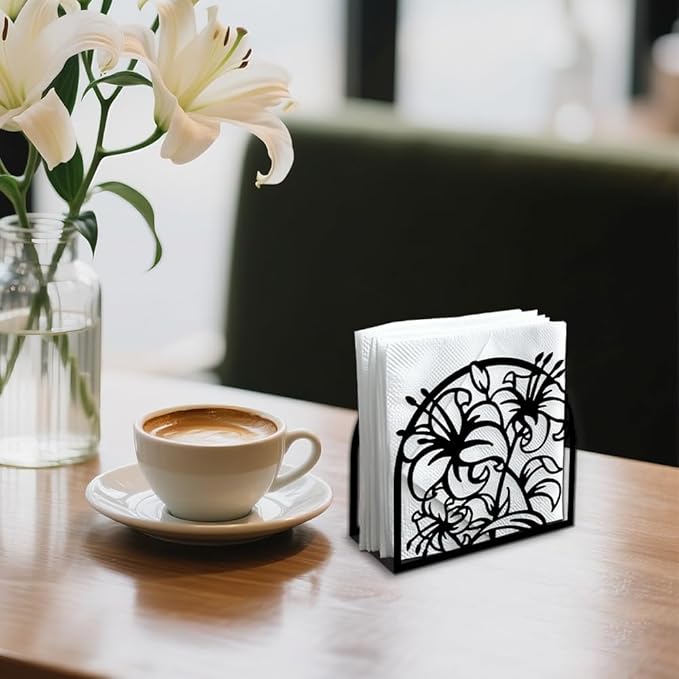Lily Flower Decorative Black Metal Napkin Holder for Table, 5.3" x 4.9" x 1.9" Lily Floral Standing Napkin Holder for Home Kitchen Restaurant Picnic Party Coffee Bar Dining Room