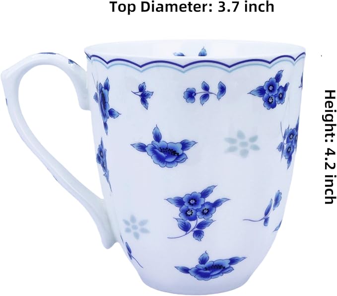 14oz Bone China Coffee Mug Floral Bone Mug Cute Coffee Mug Teacup for Women Mom Friend (blue floral)