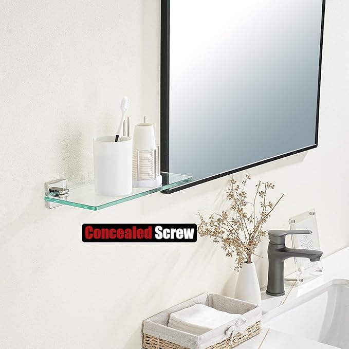 JQK Bathroom Glass Shelf, Floating Tempered Glass Shower Storage 12 by 5 inches, 304 Stainless Steel Polished Chrome Wall Mount 2 Pack, TGS201L12-CH-P2