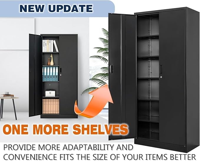 BESFUR Metal Storage Cabinet with 5 Adjustable Shelves and 2 Lockable Doors, 71" Black Garage Storage Cabinet, Locking Cabinet with for Office, School, Garage