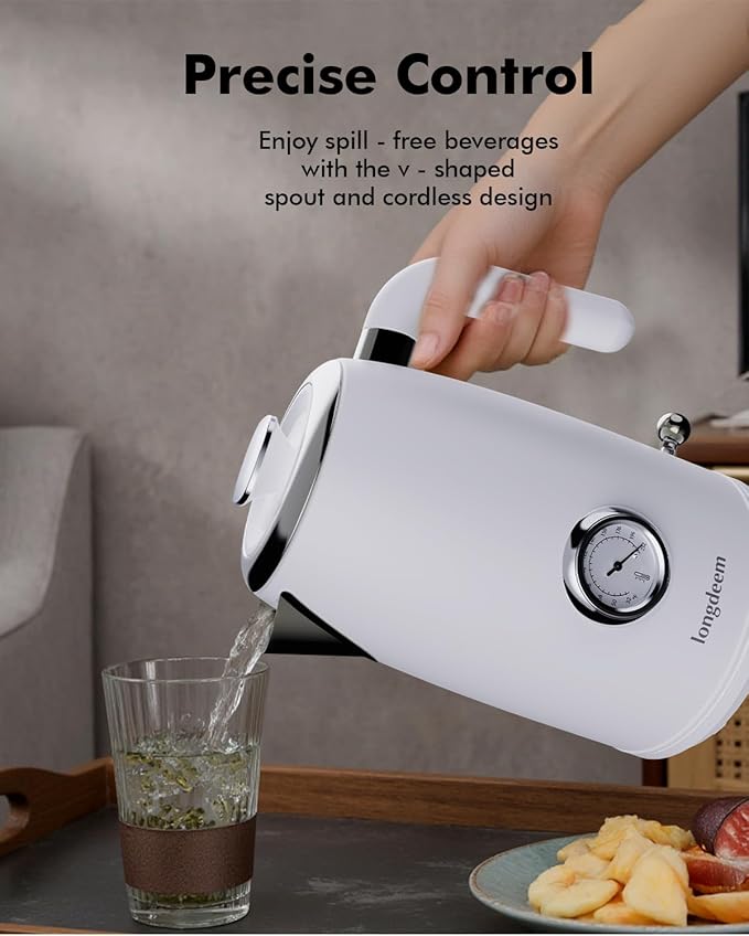 Retro Electric Tea Kettle 1L, Stainless Steel Water Boiler with Built-in Thermometer, BPA-Free, Fast Boil, Auto Shut-Off, Perfect for Home, Office, Dorm, Pure Water, Drip-Free Spout, White