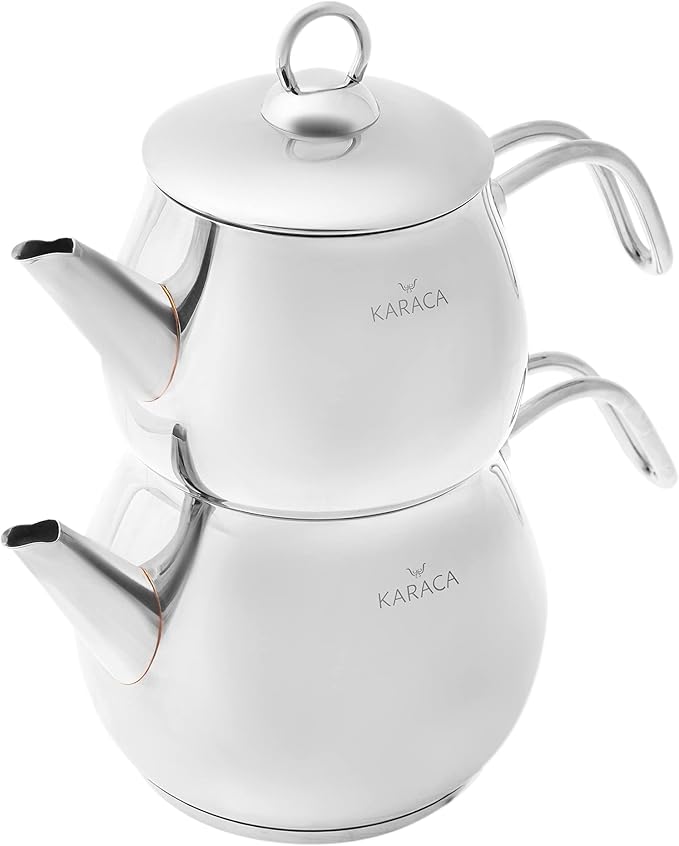 Karaca Layla Teapot Edelstahl, Turkischer Teekocher, Wasserkocher, Teekanne: 1 L Wasserkocher: 1,75 L, Türkisches Teekannen, Kayra Teekannen Set Metal