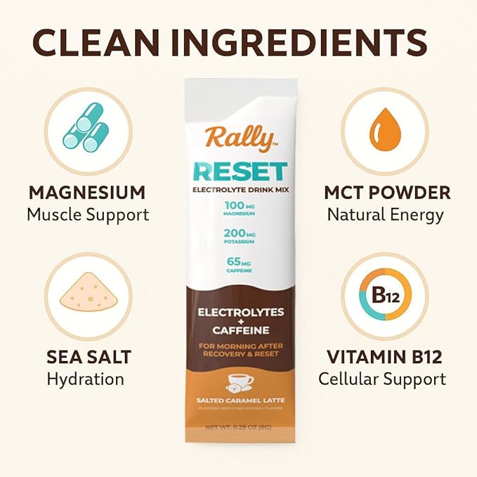 Rally Reset Instant Coffee Packets – Salted Caramel Latte Mix with MCT Oil, Caffeine, Vitamin B12 & Vitamin C – Functional Single-Serve Coffee Sticks, Low Sugar | 24 Sticks