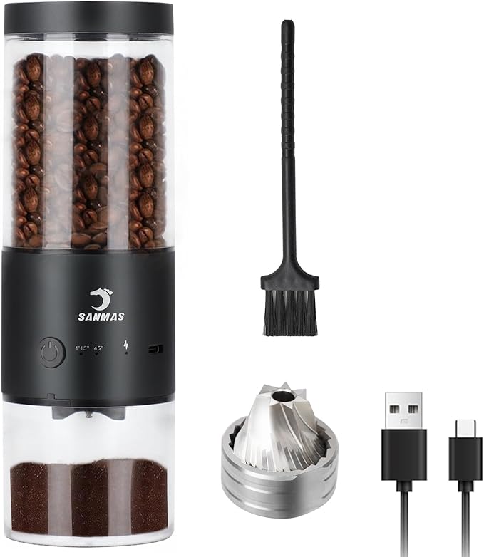 SANMAS Electric Burr Coffee Grinder with Stainless Steel Grinding Core, Rechargeable Coffee Beans Mil Grinder with 80 Grind Settings from Fine to Coarse for Espresso, Portable for Camping Travel