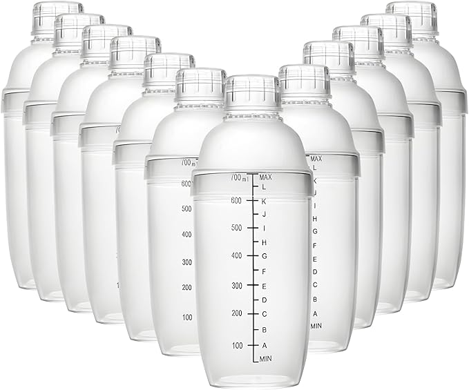 12 Pcs Plastic Cocktail Shakers, 700 ml/23.7 oz Drink Mixers with Scales & Strainers, Bar Mixing Tools, Mix Drinks for Bars, Restaurants, Tea Shops, and Home Use (700 cc/ 24 oz)