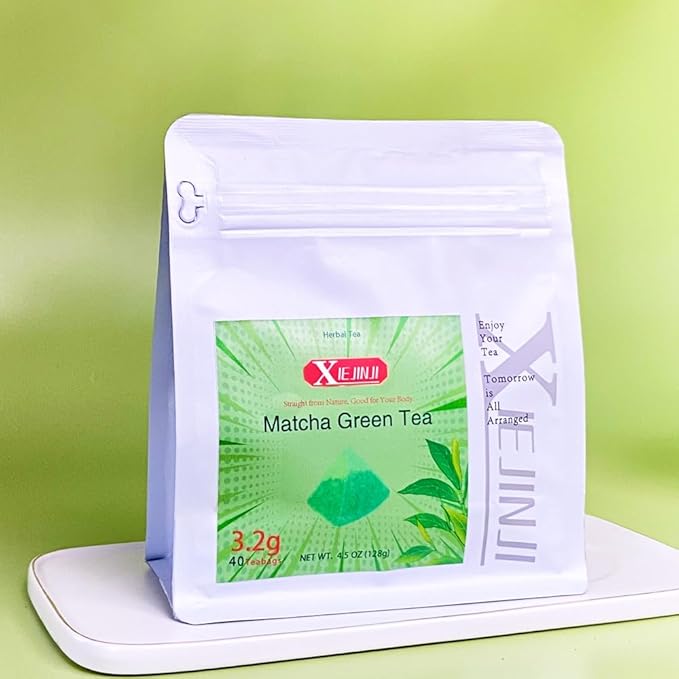 XIEJINJI Matcha Green Tea Bags - 3.2g x 40 Count, Finely Milled Matcha Powder Blended with Refreshing Green Tea, 100% Natural, No Additives - Perfect for Hot Brewing or Cold Brew